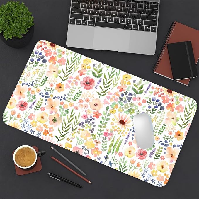 Flower Large Mouse Pad, Floral Desk Matt for Desktop, PU Leather Waterproof Desk Pad, Computer PC Laptop Protector Gaming Mouse Pads for Women Office Decor (27.5" x 13.8")