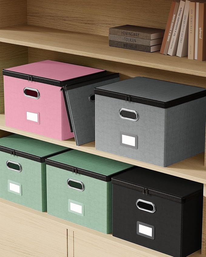 Oterri File Box Large 1-Pack Hanging Organizer for Letter/Legal-Size Folder | Dustproof Lid. 3 Mesh Pockets. Collapsible Scratch-Resistant GRS Linen. Slide Rails. Office, Home, Dorm