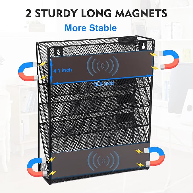 EASEPRES Magnetic File Organizer Mesh 6-Tier, Hanging Wall Mount File Organizer Vertical Holder Rack for Office Home, Black