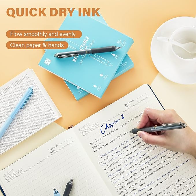 ParKoo Gel Pens Quick Dry Ink Fine Point 0.5mm, Retractable Rolling Ball 6 Black/6 Blue Ink Pen, Click Silent Pens Set for Journaling Notetaking Drawing Sketching Smooth Writing Non Bleed 12pcs