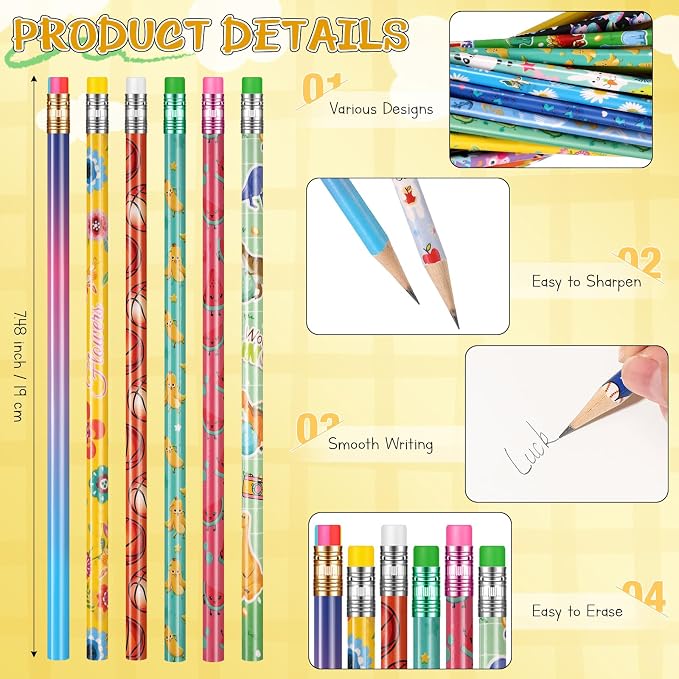 Sabary 100 Pcs Assorted Wood Pencil Bulk 50 Styles #2 HB Colorful Novelty Fun Dinosaur Animals Fruits Sports Pencils with Erasers for Teacher Reward