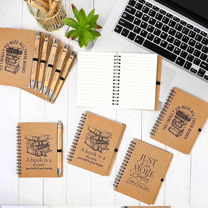 Thenshop 12 Sets Book Lover Gift Librarian Inspirational Spiral Notebook Pen Bulk Book Club Gift Reading Journal Librarian Back to School Gifts for Women Reader Teacher Bookish Bookworm (Brown)