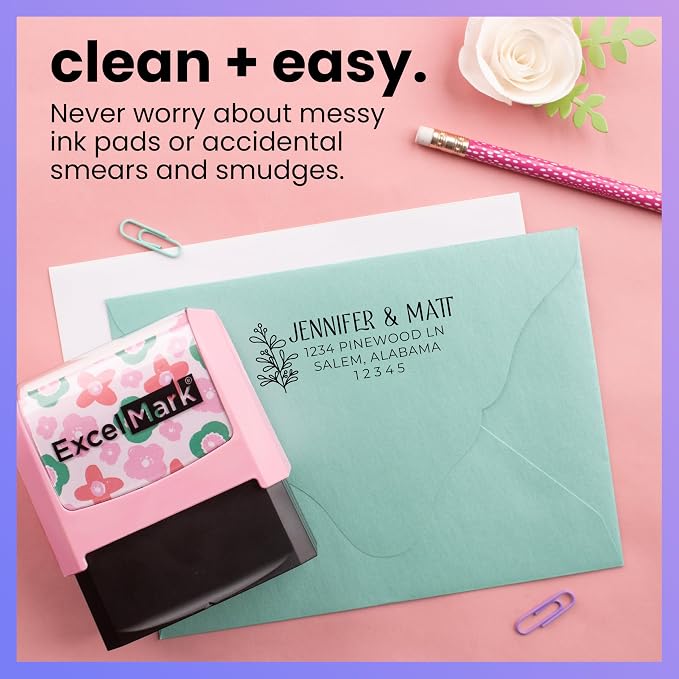 ExcelMark Address Stamp - Custom Return Address Stamp with Elegant Designs, Vibrant Colors & Patterns – Perfect for Mail, Invitations & Gifts (Pink, Foliage Edge)