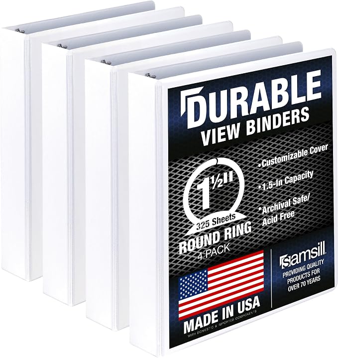 Samsill 4 Pack Durable 1.5 Inch 3 Ring Binders, Round Ring, Clear View Cover for Presentations, White