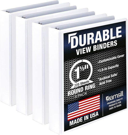 Samsill 4 Pack Durable 1.5 Inch 3 Ring Binders, Round Ring, Clear View Cover for Presentations, White