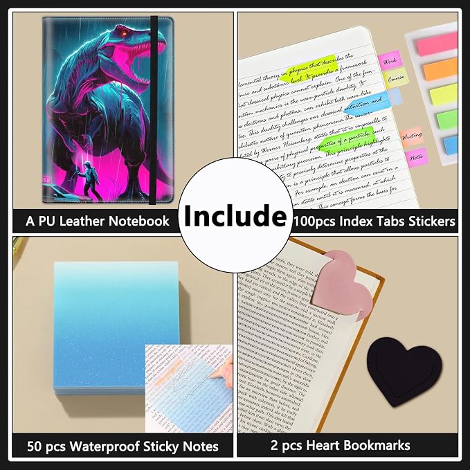 A5 Leather Lined Journal Notebook, 200 Pages Hardcover Executive Notebook for Men Women Office School Note Taking, Thick Writing Paper Daily Journal with Bookmarks/Indexes, Dinosaur