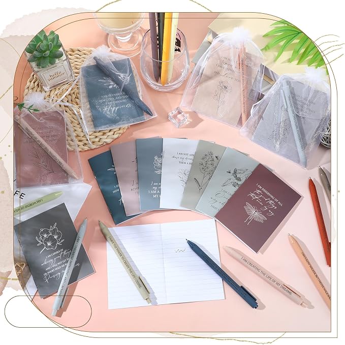 Mooliwe 96 Pcs Positive Affirmation Gift Set Gratitude Notebooks with Pens Small Bags Motivational Encouragement Notepads Daily Affirmations Journal for Women Stress Relief Self Care (Minimalist)