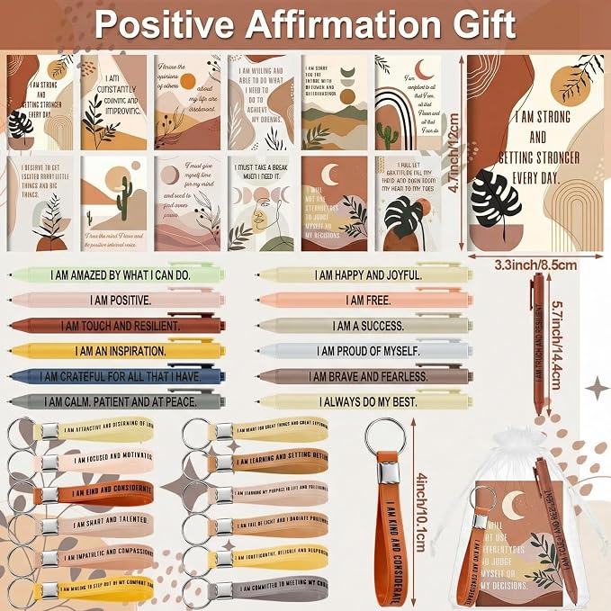 Mooliwe 48 Set Positive Affirmation Gift Set Gratitude Notebooks with Pens Keychains Small Bags Motivational Party Favors for Adult Women Coworkers Employee Group (Boho)