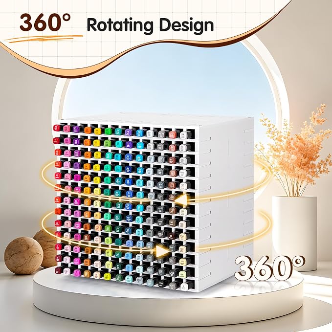 360° Rotating Marker Storage Rack, 338 Individual Slots Desktop Organizer Holder for Art Markers, Pens, Color Pencils - White