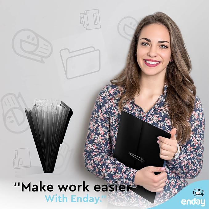 Accordion File Organizer Black, 7 Pocket Expanding File and Cover Folder with Labels, Plastic Portable Desktop Letter A4 Paper – by Enday