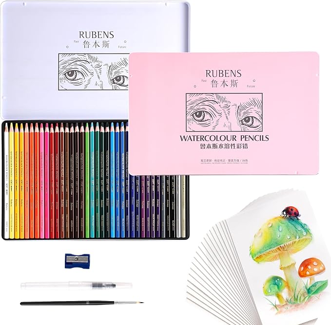 rubens 59 PCS Artist Watercolor Pencils Kit for Adult Drawing | 36 Colors Soft Core Watercolor Pencils In Metal Box with Brush, Water Brush Pen, Sharpener, 20 Sheets Hot Pressed Papers