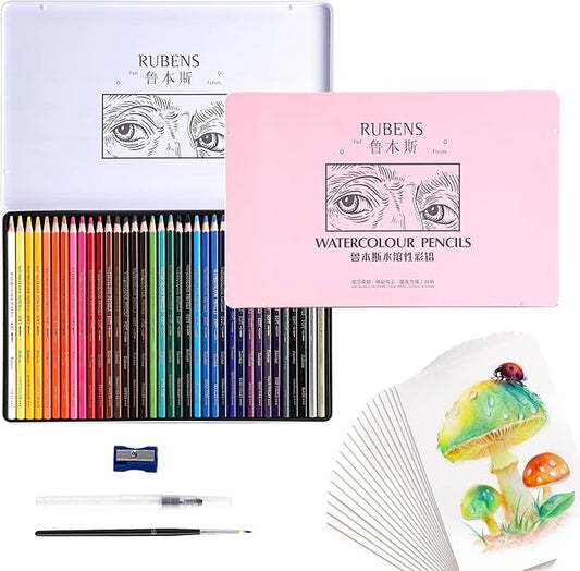 rubens 59 PCS Artist Watercolor Pencils Kit for Adult Drawing | 36 Colors Soft Core Watercolor Pencils In Metal Box with Brush, Water Brush Pen, Sharpener, 20 Sheets Hot Pressed Papers