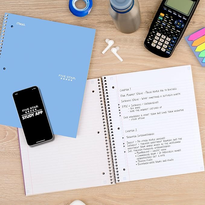 Five Star Spiral Notebook + Study App, 3 Subject, College Ruled Paper, 8.5" x 11", 150 Sheets, Blue (Color May Vary) (820003NH0)