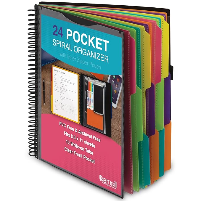 Samsill Spiral Folder Organizer - 12 Dividers & 24 Pockets with Zipper Pouch, Multi Pocket Color Coordinated Folder with Customizable Tabs, Document Organizer (Fashion)