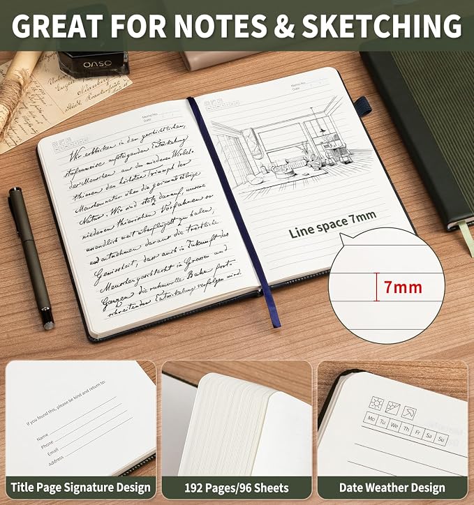 Lined Journal Notebook, A5 Vegan Leather College Ruled Notebook for Women Men, Daily Journaling Notebook 192 Pages for Work, School, Business, Travel, Note Taking(Dark Green)