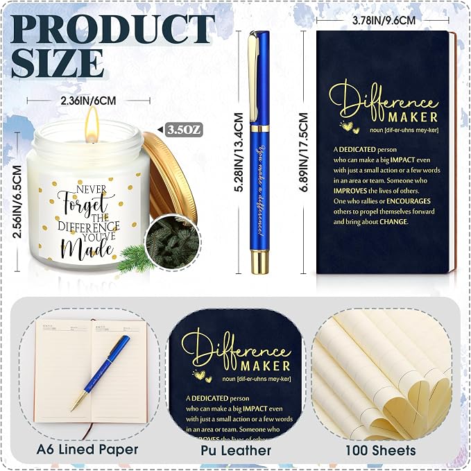 4 Pcs Difference Maker Gift Set Mug Notebook Candle Pen,Navy Blue,Word