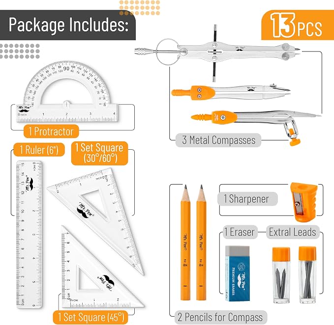 Mr. Pen- Geometry Set, 13 pcs, 3 Metal Compasses, Protractor, 6" Ruler | 45° & 30°/60° Set Squares, Pencils, Lead Refills, Sharpener & Eraser for Math, Drafting & Classroom Use | 45° & 30°/60° Set Squares, Pencils, Lead Refills, Sharpener & Eraser for ...