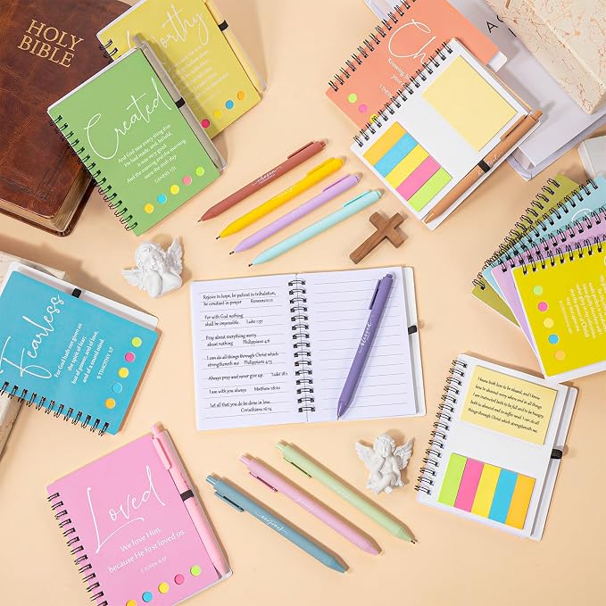 Kosiz 12 Sets/24 Pcs Christian Gifts Bulk Prayer Journal Scripture Notebook, Bible Pen (Simple,Macaron Color)