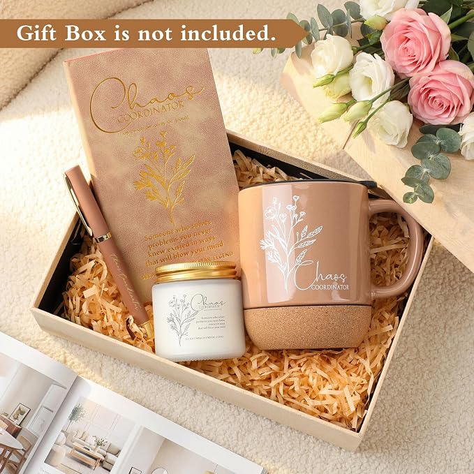 Sayglossy 4 Pcs Chaos Coordinator Gift Set Back to School Gift for Teachers Women Men Notebook Coffee Mug Scented Candle Ballpoint Pen for Teacher Assistant Principal Class School Staff Coworker