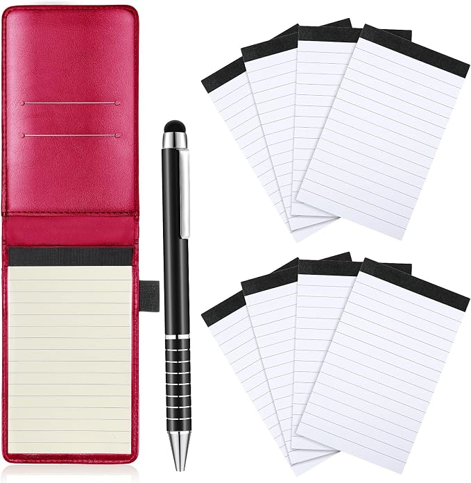 Outus 10 Pcs Mini Pocket Notepad Holder Set Included Small Leather Pocket Notebook Holder with 50 Lined Sheets, Metal Pen, 8 Pcs 3 x 5 Inch Memo Book Refills, 30 Lined Paper Per Note Pad (Rose Red)