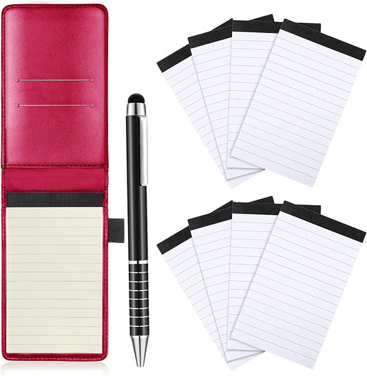Outus 10 Pcs Mini Pocket Notepad Holder Set Included Small Leather Pocket Notebook Holder with 50 Lined Sheets, Metal Pen, 8 Pcs 3 x 5 Inch Memo Book Refills, 30 Lined Paper Per Note Pad (Rose Red)