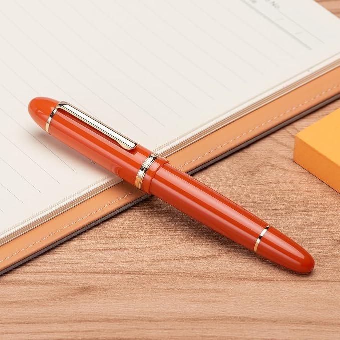 Jinhao X159 Orange Acrylic Fountain Pen, Size 8 Fine Nib Gold Trim Classic Design Smooth Writing Pen with Converter