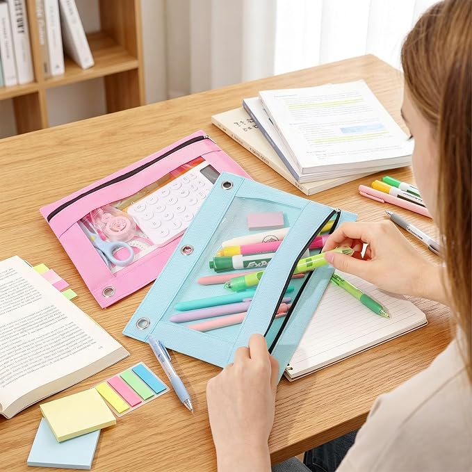 SUNEE Pencil Pouch for 3 Ring Binder, 6 Pack Zipper Binder Pouches, 2 Light Blue, 2 Light Purple & 2 Light Green, Pencil Bag Organizer for School Supplies, Students & Office Use