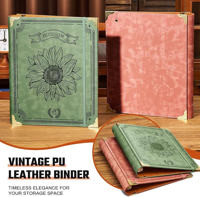 Ovesmusl Sunflower PU Leather 3 Ring Binder Fits 8.5"x11" Letter Size Paper, 2 Inch Round Ring Binder Holds 500 Sheets, Notepad Paper Cover Loose Leaf Organizer, Green
