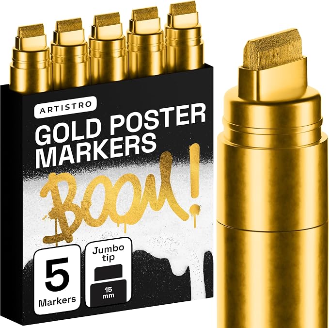 ARTISTRO Gold Paint Pens - Jumbo Tips - Set of 5 | Acrylic Paint Markers, Water-Based, For Rock, Glass, Ceramic, Wood, Tire, Fabric, Metal, Canvas, Marking, Painting