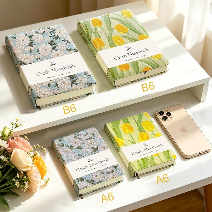 Pocket Notebook, A6, 4x6, Small Embroidered Journal, Cute Notebook, Lay Flat, Hardcover, Lined Notebook & Sketchbook, Personal Writing Journal for Women, Blue Journal, White Gardenia Flower