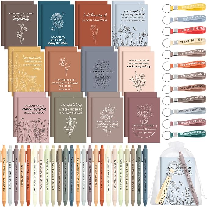Mooliwe 12 Set Positive Affirmation Gift Set Gratitude Notebooks with Pens Keychains Small Bags Motivational Party Favors for Adult Women Coworkers Employee Group (Fresh)