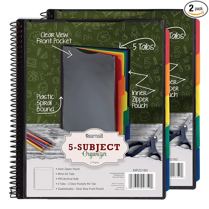 Samsill Spiral Folder Organizer (2-Pack)- 5 Dividers & 10 Pockets with Zipper Pouch, Multi Pocket Color Coordinated Folder with Customizable Tabs, Document Organizer (Basic)