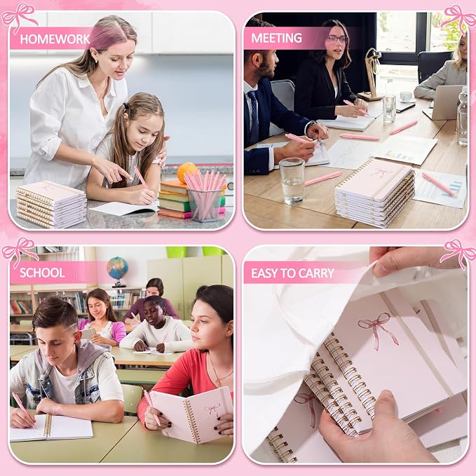 Fulmoon 24 Set Pink Bow A6 Spiral Notebook with Ballpoint Pens 50 Sheets, 4"x 6" Small Bow College Ruled Coquette Notepads Journaling Notebooks Bulk for Back to School Supplies Offices Team Gifts