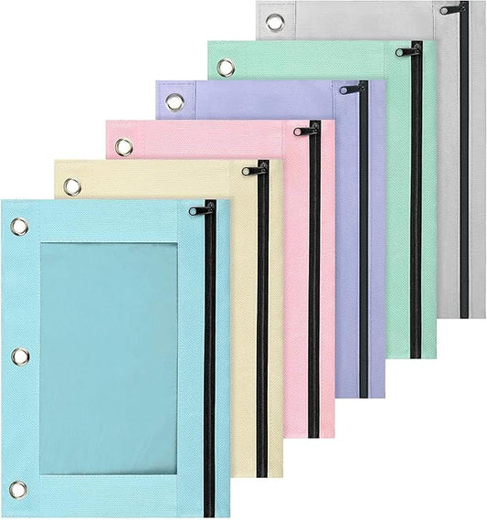 Lanpn Pencil Pouch for 3 Ring Binder 6 Pack, Pastel Binder Pen Bags with Zipper, Aesthetic 3 Holes Pencil Pouches Organizer for Boy Girl Kids School Student, Reinforced Grommets & Clear Window