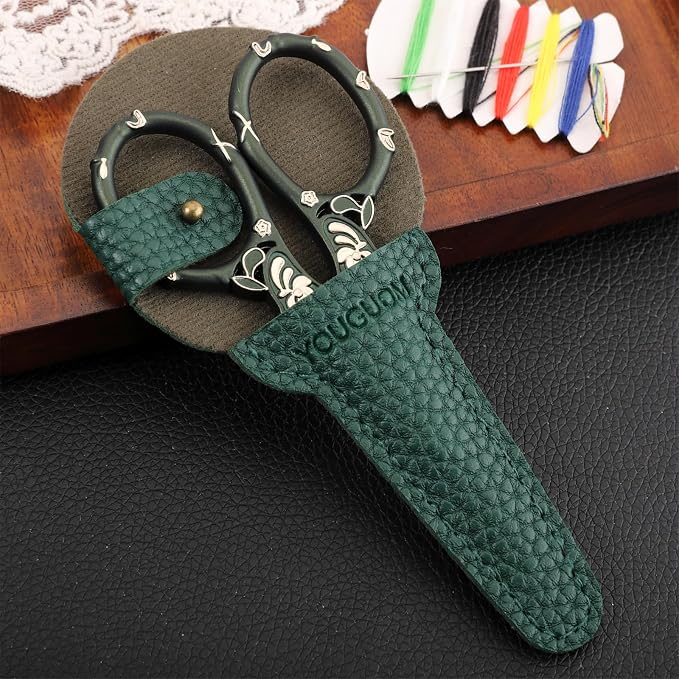 YOUGUOM Crochet Stitch Scissors with Cover, Small Crafting Shears | Vintage, Sharp, for Sewing, Embroidery, Needlework, Knitting, Yarn, Paper, Detail Thread Snips, Mini DIY Tools, Green