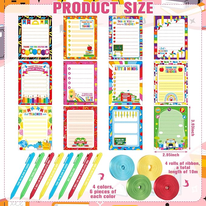 Eaasty 48 Pcs Back to School Teacher Gifts Bulk Cute Notepads and Ballpoint Pens with Ribbon Inspirational Thank You Gifts for Teacher, Classroom, Office, Staff, Coworker