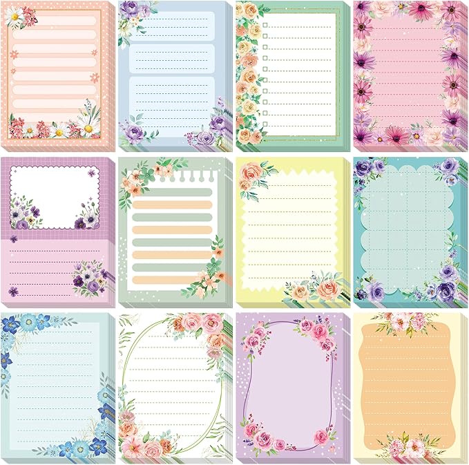 Chiisong 12 Pads Cute Sticky Notes Flower Sticky Notes 3 x 4 Inches Colored Adhesive Memo Reminder Decor Floral Memo Pads Flower Notepads for Journal Office Birthday Gifts