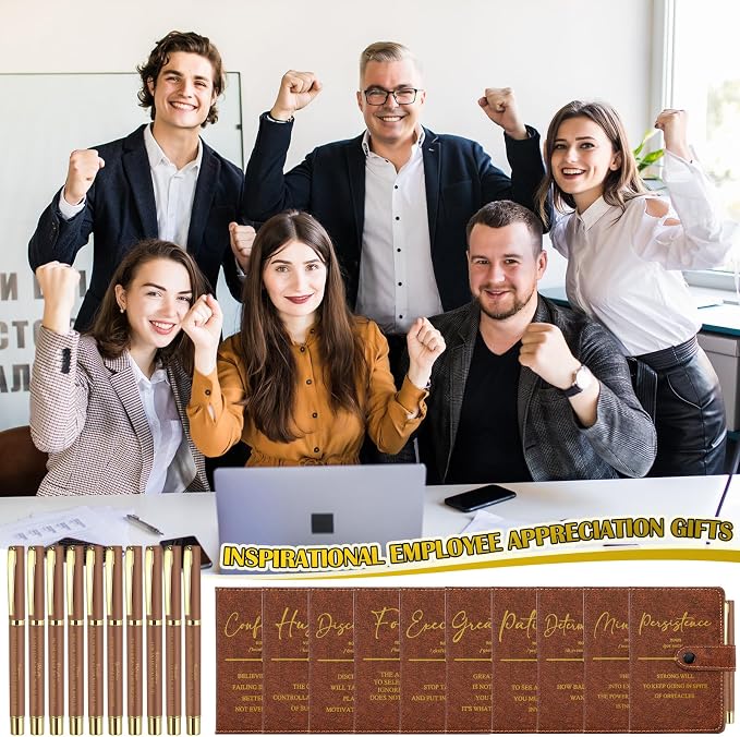Tenceur 10 Sets Inspirational Gifts Bulk Leather Notebooks Pens with Growth Motivational Quotes for Employee Students Prizes Back to School Encouragement Appreciation Gifts (Brown)