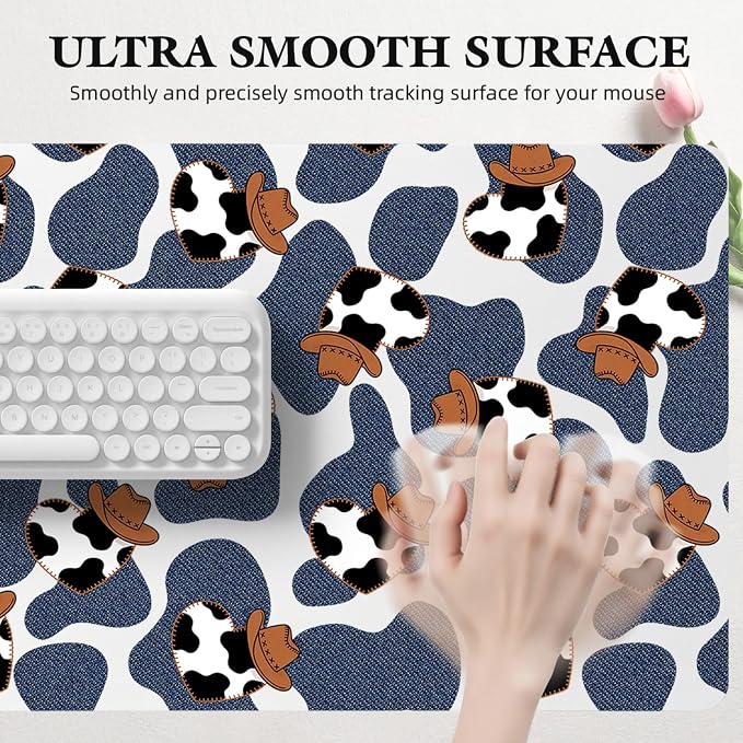 Cow Print Western Leather Desk Mat Extended Gaming Mouse Pad | Non-slip Large Writing Pad Laptop Blotter Computer Keyboard Mat | Cute Desk Protector for Home Office 23.6" x 11.8"