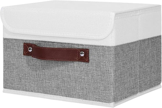 ANMINY Storage Boxes with Lids Washable Decorative Storage Bins Basket with PU Leather Handle Foldable Linen Fabric Storage Cubes Containers for Home Closet Organizer - Gray White, Medium