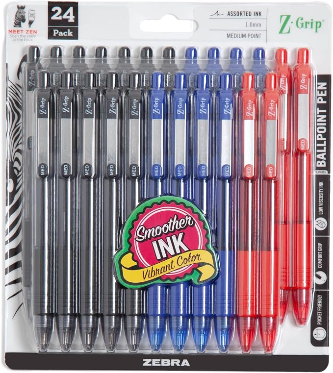 Zebra Pen Z-Grip Retractable Ballpoint Pen, 1.0mm Medium Point, Assorted Business Colors, School & Office Supplies, Ideal for Note-Taking, Journal and Planner Use, 24-Pack (12224)