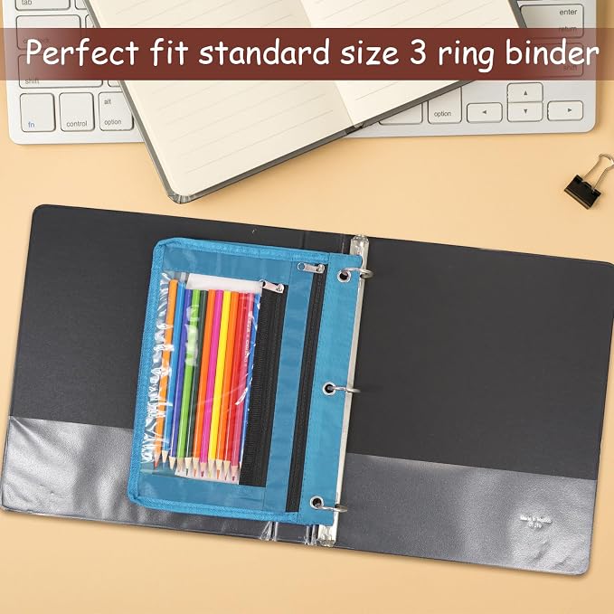 YoeeJob 1 Pack Pencil Pouch for 3 Ring Binder, Expandable Binder Pouches with Zipper, Large Capacity Pen Holder Case with Clear Window School Class Office Organizers, Sky Blue