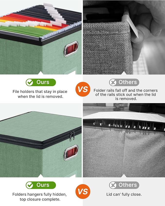 Oterri File Box Large 2-Pack Hanging Organizer for Letter/Legal-Size Folder | Dustproof Lid. 3 Mesh Pockets. Collapsible Scratch-Resistant GRS Linen. Slide Rails. Office, Home, Dorm