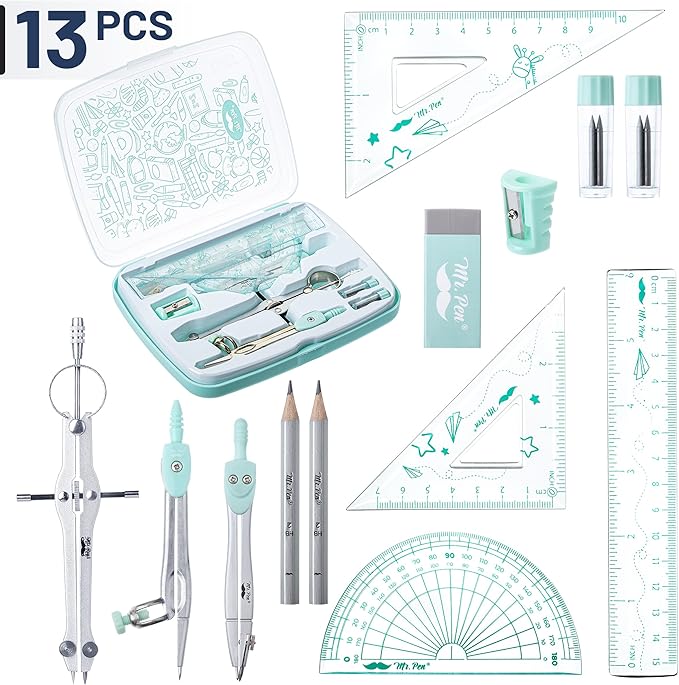 Mr. Pen- Geometry Set, 13 pcs, 3 Metal Compasses, Protractor, 6" Ruler | 45° & 30°/60° Set Squares, Pencils, Lead Refills, Sharpener & Eraser for Math, Drafting & Classroom Use | 45° & 30°/60° Set Squares, Pencils, Lead Refills, Sharpener & Eraser for ...