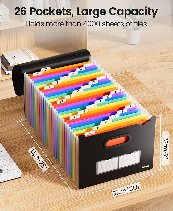 Sooez 26-Pocket Accordion File Organizer, Upgraded Expanding File Folder with A-Z Tabs, Premium Bill Tax Receipt Document Organizer Storage for Letter/A4 Size Paper, School Office & Home, Black