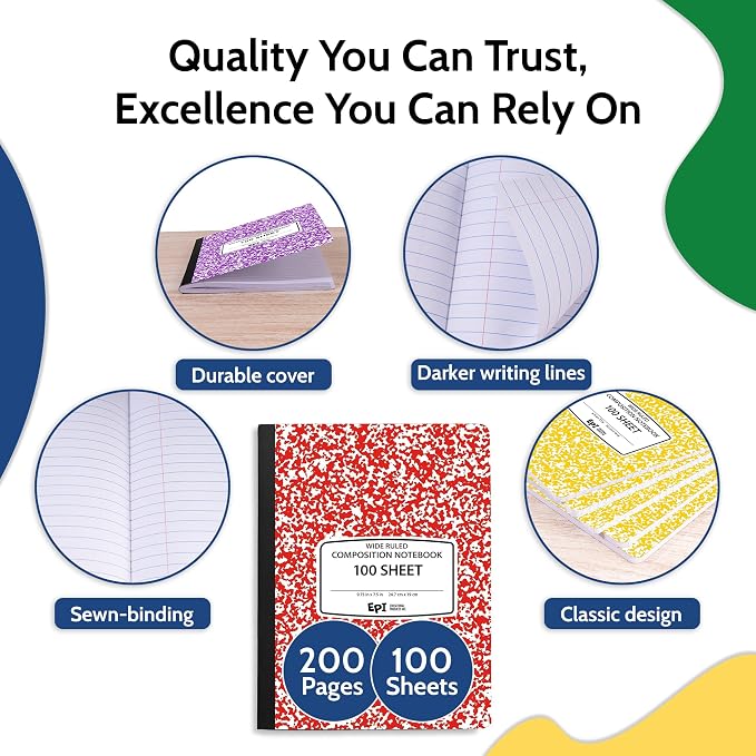 48 Pack - EPI Wide Ruled Composition Notebook Assorted Marble Colors - 200 Pages (100 Sheets), 9-3/4 x 7-½ - Classroom Back to School Supplies, Heavy Duty, Durable Hardcover Office Notebooks, Sewn
