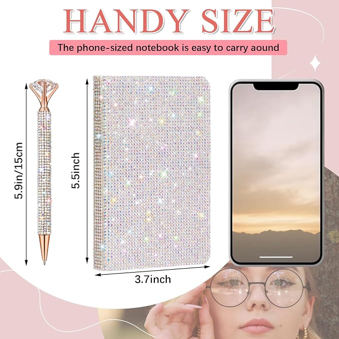 Rhinestone Pen & Glitter Notebook Set, Hard Cover Bling Diary Journal for Girls, Cute School Supplies for Back to School, Sparkly Desk Accessories Gift for Women(Rhinestone,A6,Silver)