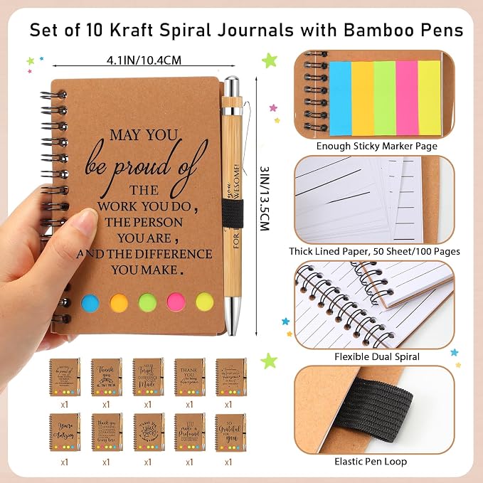 Honoson 10 Set Back to School Teacher Appreciation Gifts Bulk Inspirational Notebook with Sticky Note and Bamboo Pen Set Coworker Thank You Gifts for Employee Team Staff Office Group (Kraft)
