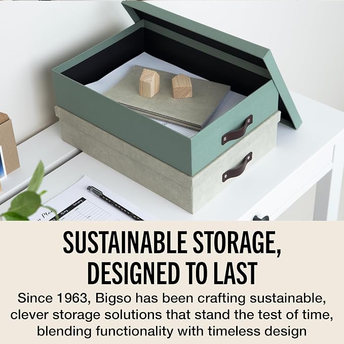 Bigso Oskar Canvas Fiberboard Document Letter Box for Important Paperwork A4 or Letter Size - Durable Keepsake Box with Lid and Leather Handle - 3.3in x 10.2in x 13.8in - Soft Teal