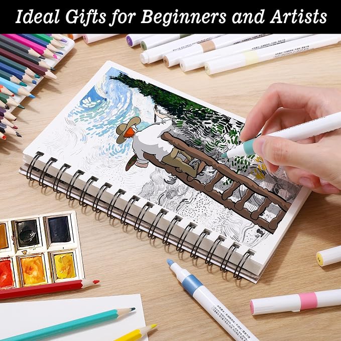 4 Pack Mixed Media Sketchbook, 5.5x8.5 inches Drawing Paper Sketch Book, 98lb/160gsm Heavyweight Spiral Bound Sketch Pads, Suitable for Wet and Dry Media, Drawing, Painting, Sketching(200 Sheets) | 160gsm acid-free paper, for dry and light wet media, l...